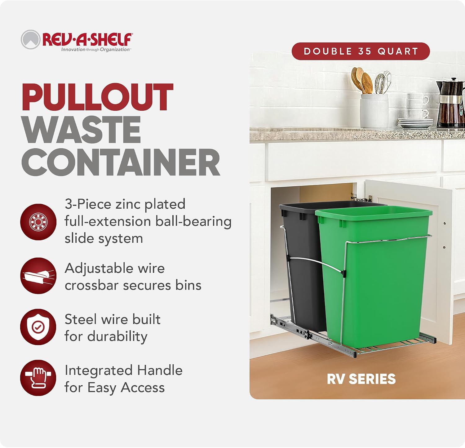 Rev-A-Shelf Double Pullout Garbage Trash Cans for Kitchen Cabinets, 35 Qt