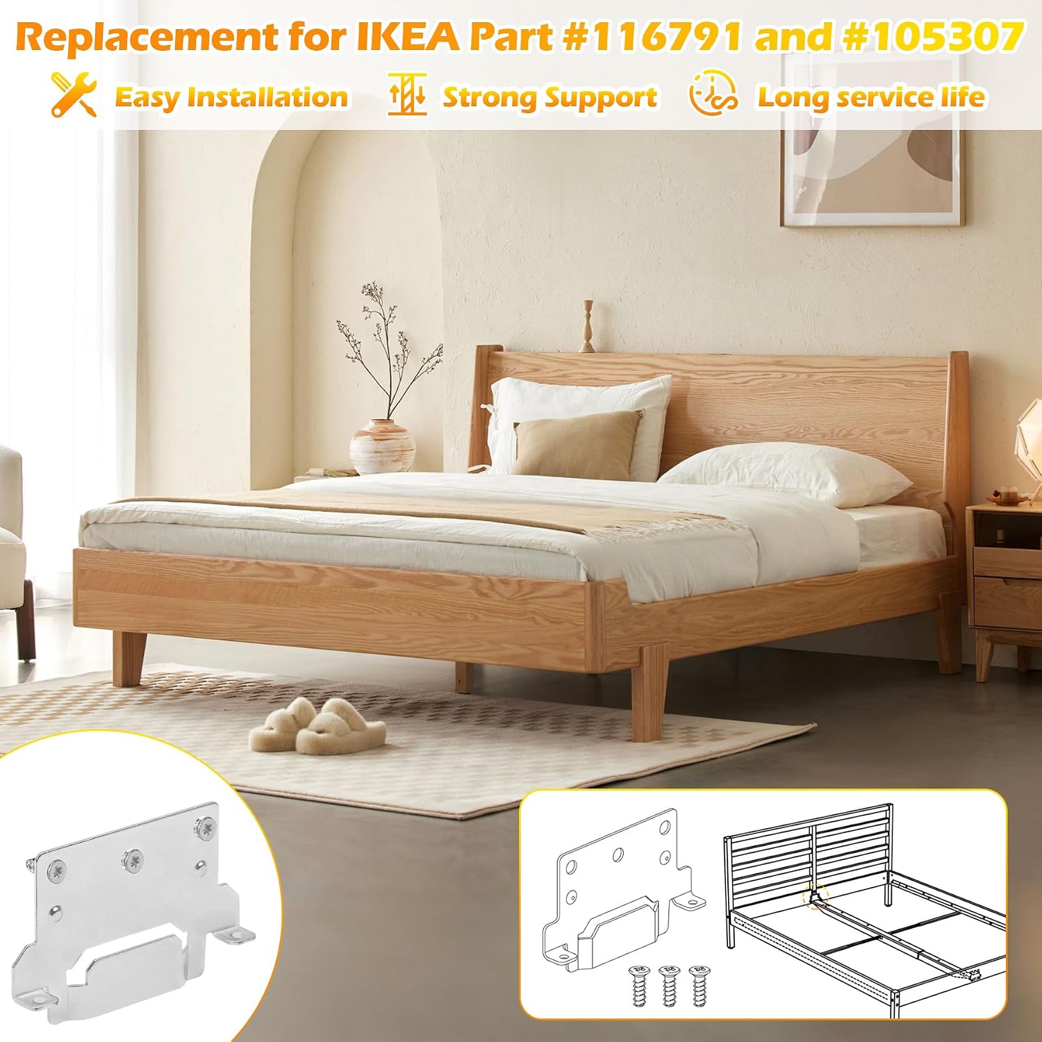 116791 110789 Mounting Plates Replacement for IKEA Bed Frame Brackets Part | 116791 (2X Mounting Plate) and 110789 (6X Screws) Spare Hardware Parts