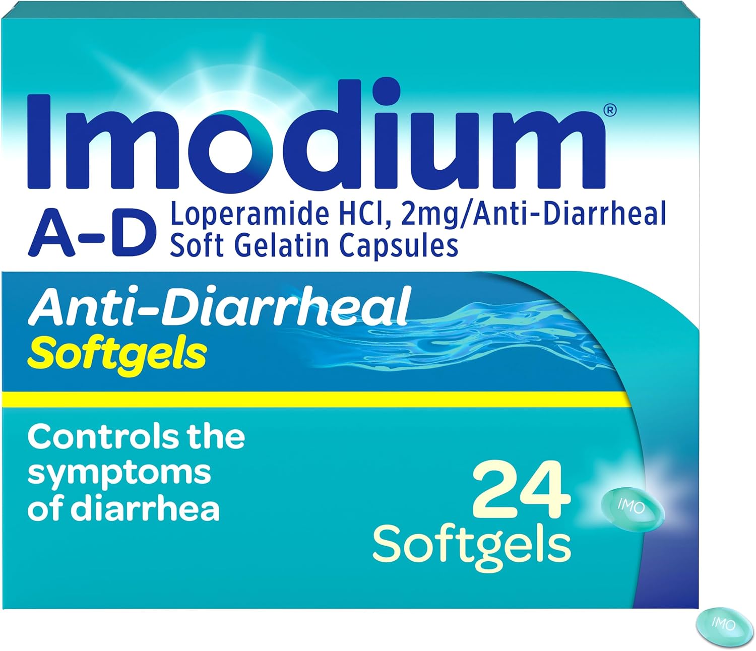 Imodium A-D Diarrhea Relief Softgels, 2mg Loperamide Hydrochloride, 24 Ct | Help Control Symptoms of Diarrhea, Due to Acute Traveler's Diarrhea, Adults 12+