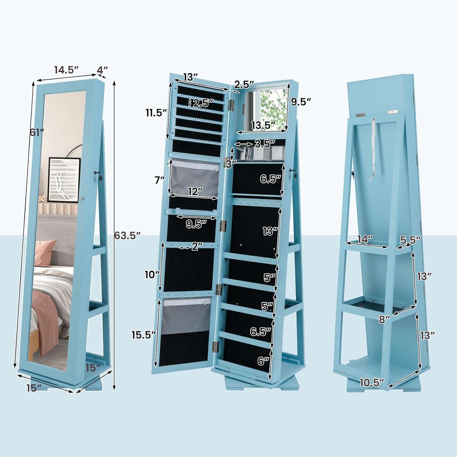 CHARMAID 360° Swivel Jewelry Armoire with Higher Full Length Mirror, Standing Lockable Jewelry Cabinet Organizer with Large Storage Capacity