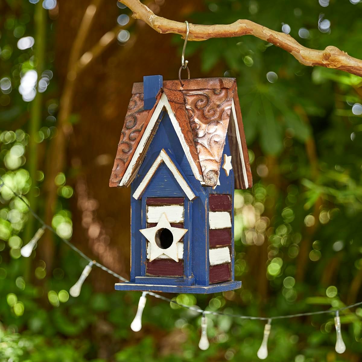 Glitzhome 12" H Green Hanging Distressed Solid Wood Garden Bird House Decorative Birdhouse