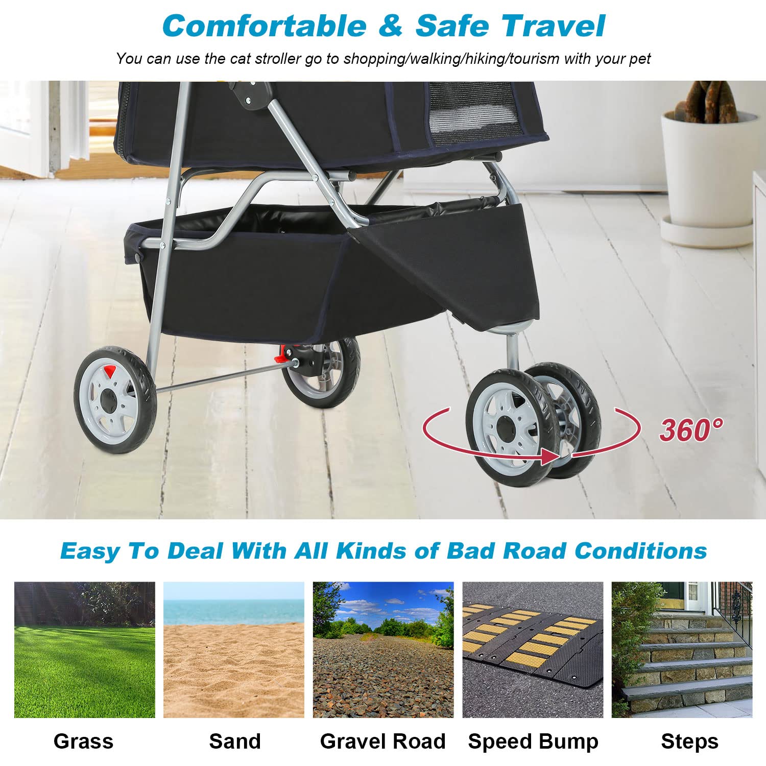 BestPet | 4-Wheel Foldable Pet Stroller | Black | Lightweight & Portable | Travel Carrier with Mesh Windows, Storage Basket, Cup Holder, Safety Brakes, and Waterproof Fabric | For Small Dogs and Cats