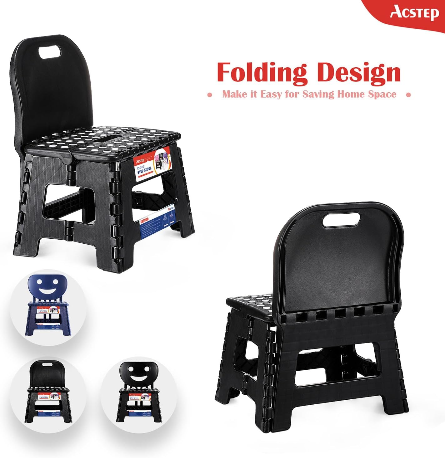 11 Inch Folding Step Stool for Kids, Non-Slip Foldable Stools, Black | Heavy Duty Collapsible Foot Stool, Lightweight with Built-in Handle, Holds 300 lb for Adults Kitchen Bathroom Bedroom Outdoor