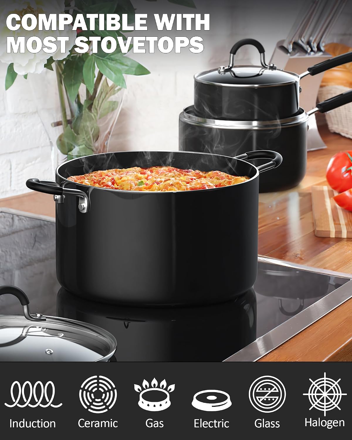 Cook N Home 8-Piece Nonstick Pot and Pan Set with Lid Induction Compatible | Cookware Set Includes Saucepan with Lid, Stockpot with Lid, Frying Pan, Kitchenware set Non Stick, Black