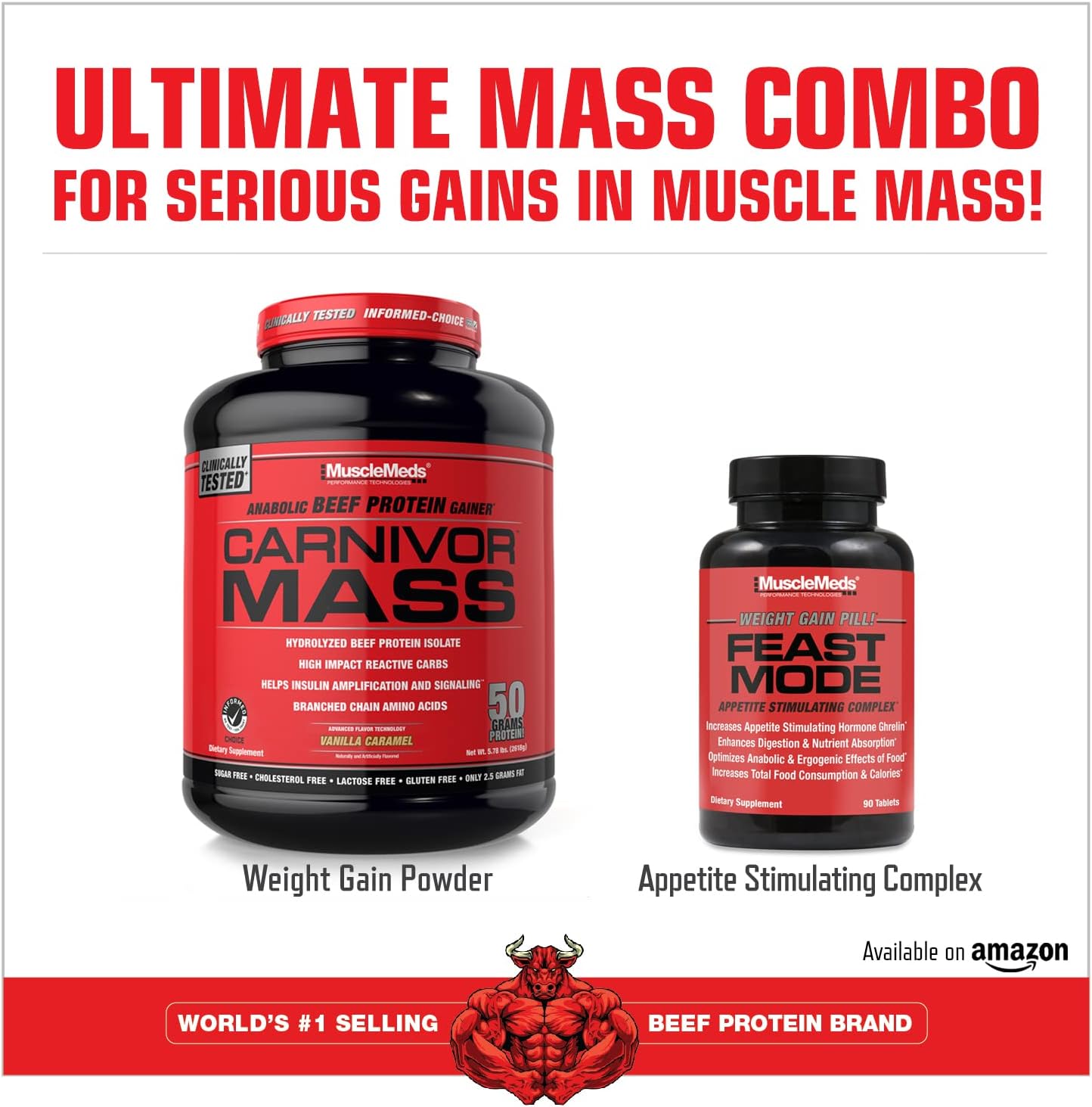 MuscleMeds CARNIVOR Mass Gainer Beef Protein Isolate Shake, 50 Grams Protein, 125 Grams Carbs, 0 Fat, 0 Sugar, Lactose Free, Halal Certified, Chocolate Peanut Butter, 6 Pound