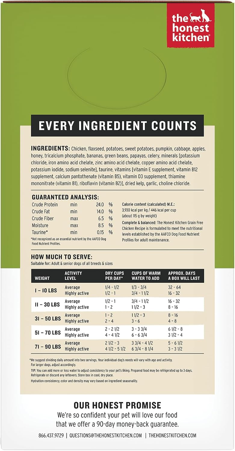 The Honest Kitchen Human Grade Wholemade™ Dehydrated Grain Free Dog Food – Complete Meal or Dog Food Topper – Chicken 4 lb (Makes 16 lbs)