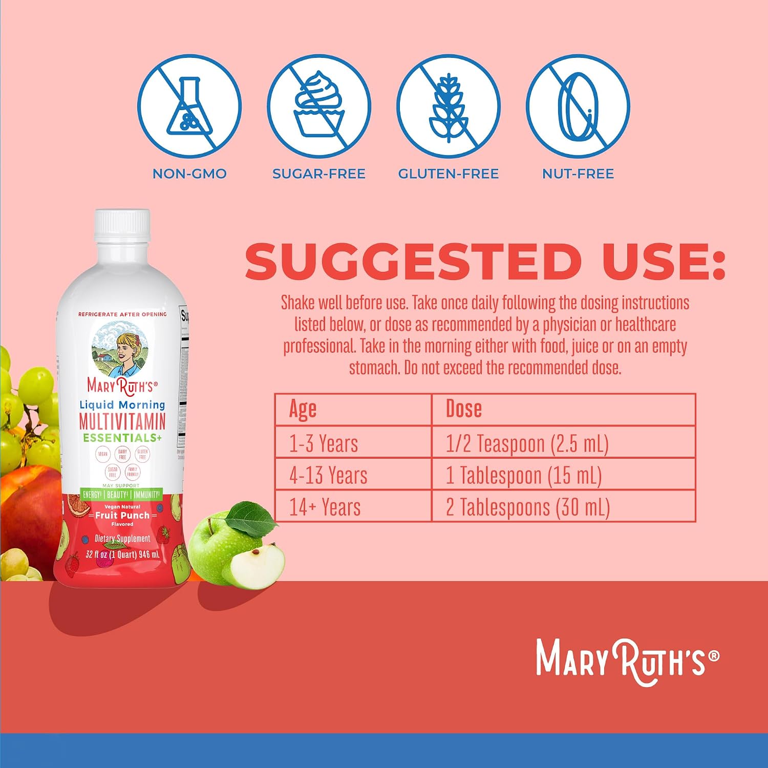 MaryRuth's Liquid Morning Multivitamin Essentials+, 2 Flavors, Vegan, 32oz