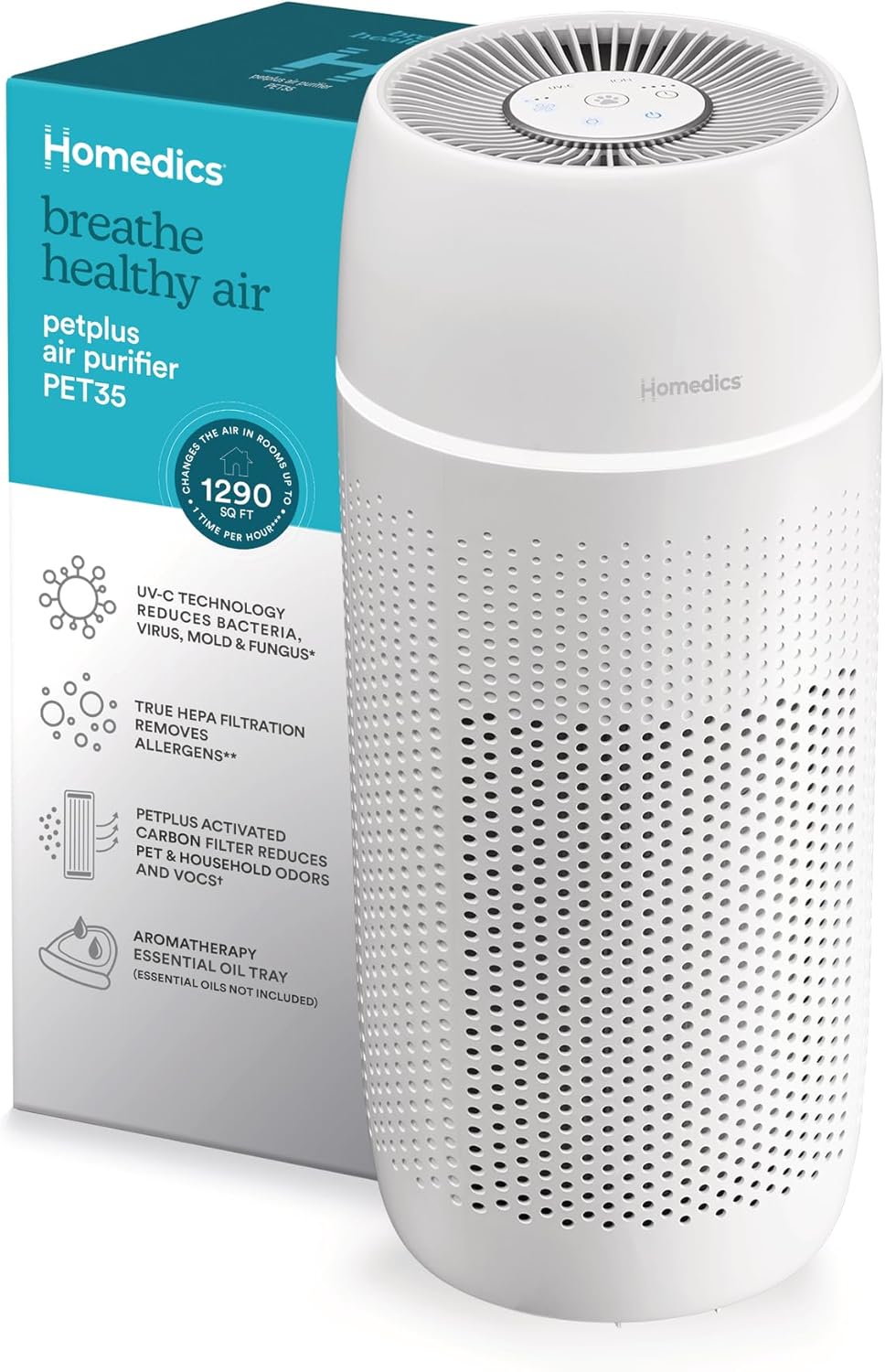 Homedics 5-in-1 PetPlus UV-C Air Purifier, HEPA Filter for 266 Sq Ft Room