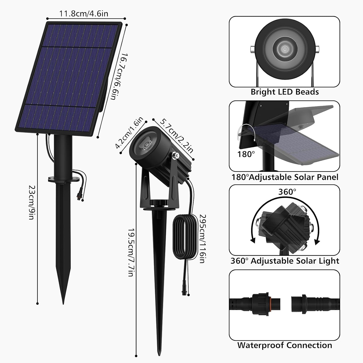 T-SUN Solar Spot Lights Outdoor, Dual Head Solar Spotlights, Cool White | IP65 Waterproof, 2 Brightness Modes, Dusk to Dawn Solar Uplights for Garden, Yard, Pathway, Patio, Lawn
