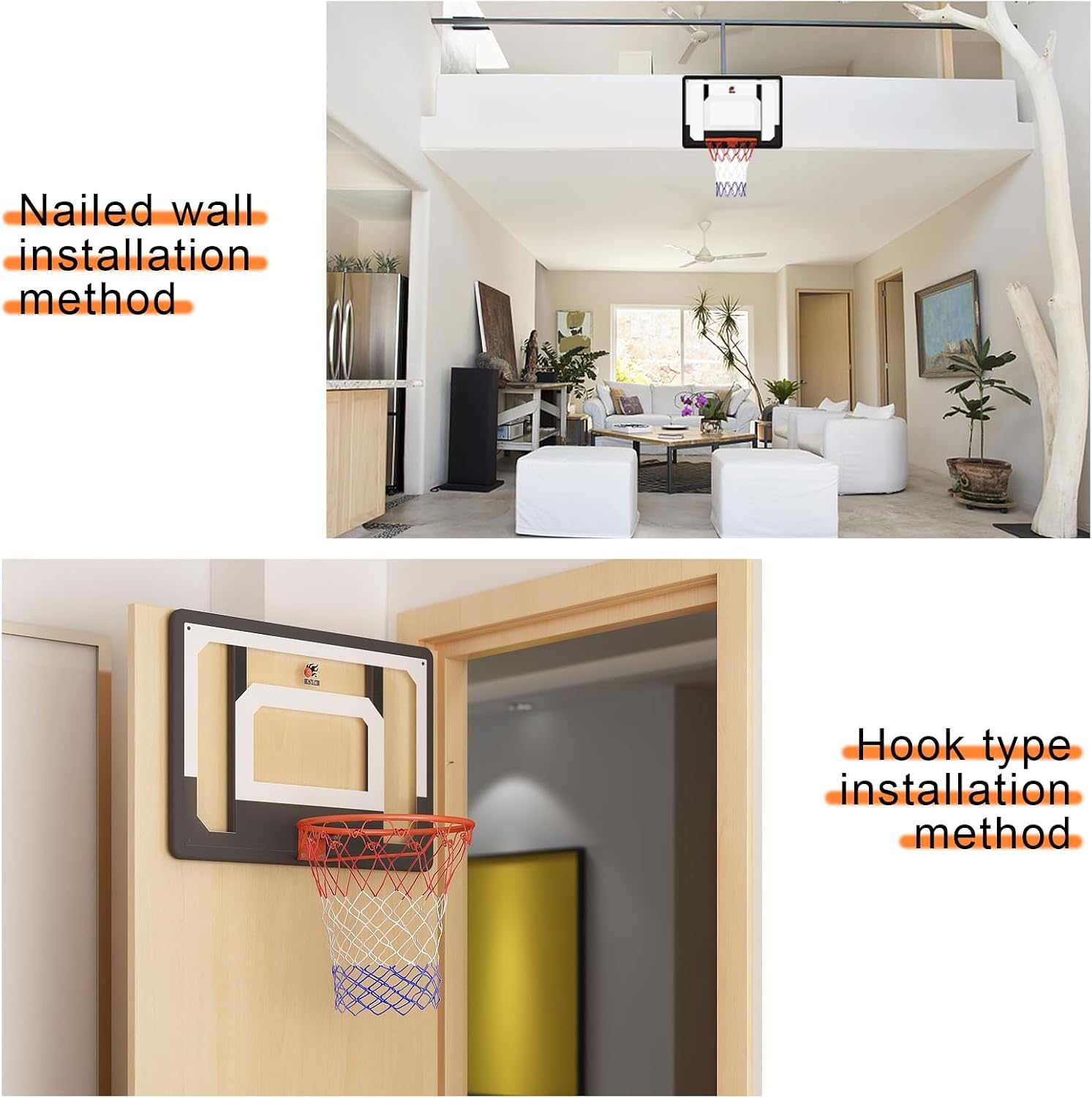 Large Wall Mount Basketball Hoop Set with Door Hooks, 32" x 23" Backboard, Spring Rim, Indoor Outdoor Basketball Practice Equipment for Adults