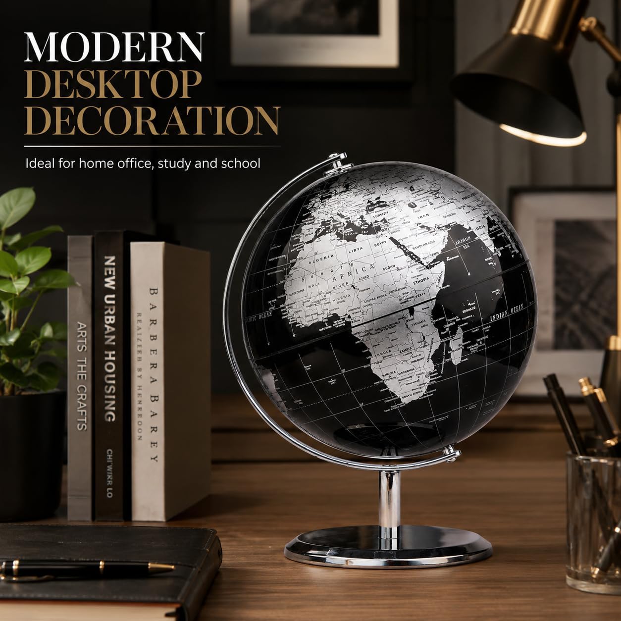 EXERZ 5.5 Inches Mini World Globe Black Rotating Desktop Globe | With Stainless Steel Base for Home Office School