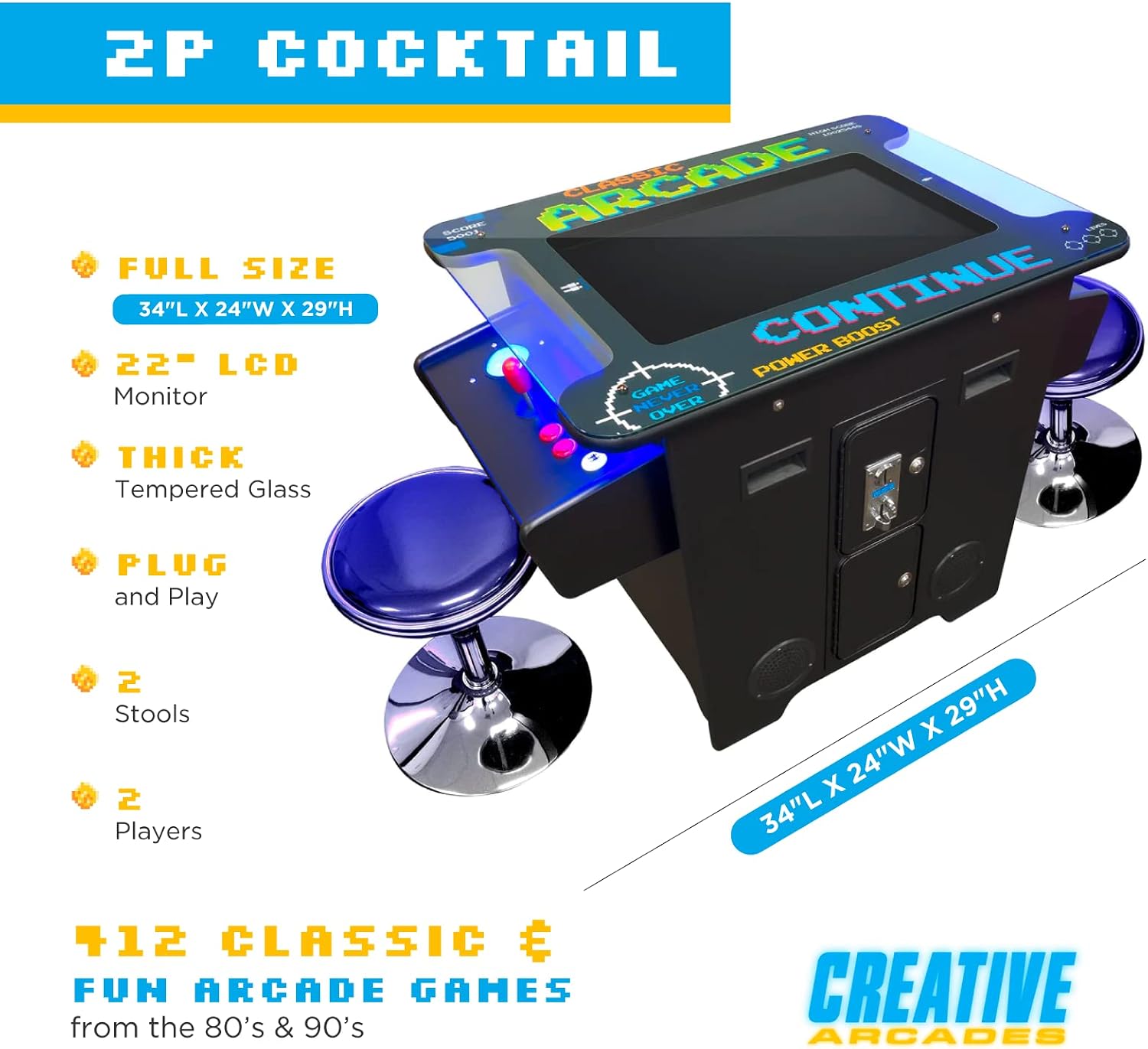 Creative Arcades Full Size Commercial Grade Cocktail Arcade Machine | 2 Player | 412 Games | 22" LCD Screen | Square Glass Top | LED | 2 Sanwa