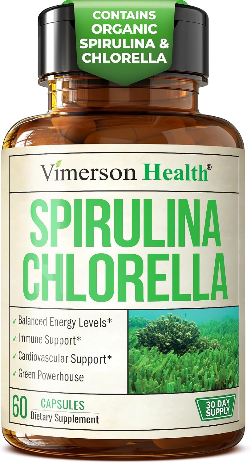 Organic Spirulina and Chlorella Capsules - Spirulina Capsules with Chlorella Powder for Immune