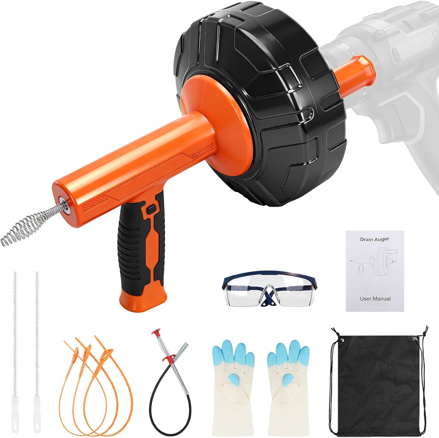 45 FT Drain Snake Auger Manual & Drill Powered Auto Retract | Drill Attachment Adapter, Automatic Feed & Retract Cable
