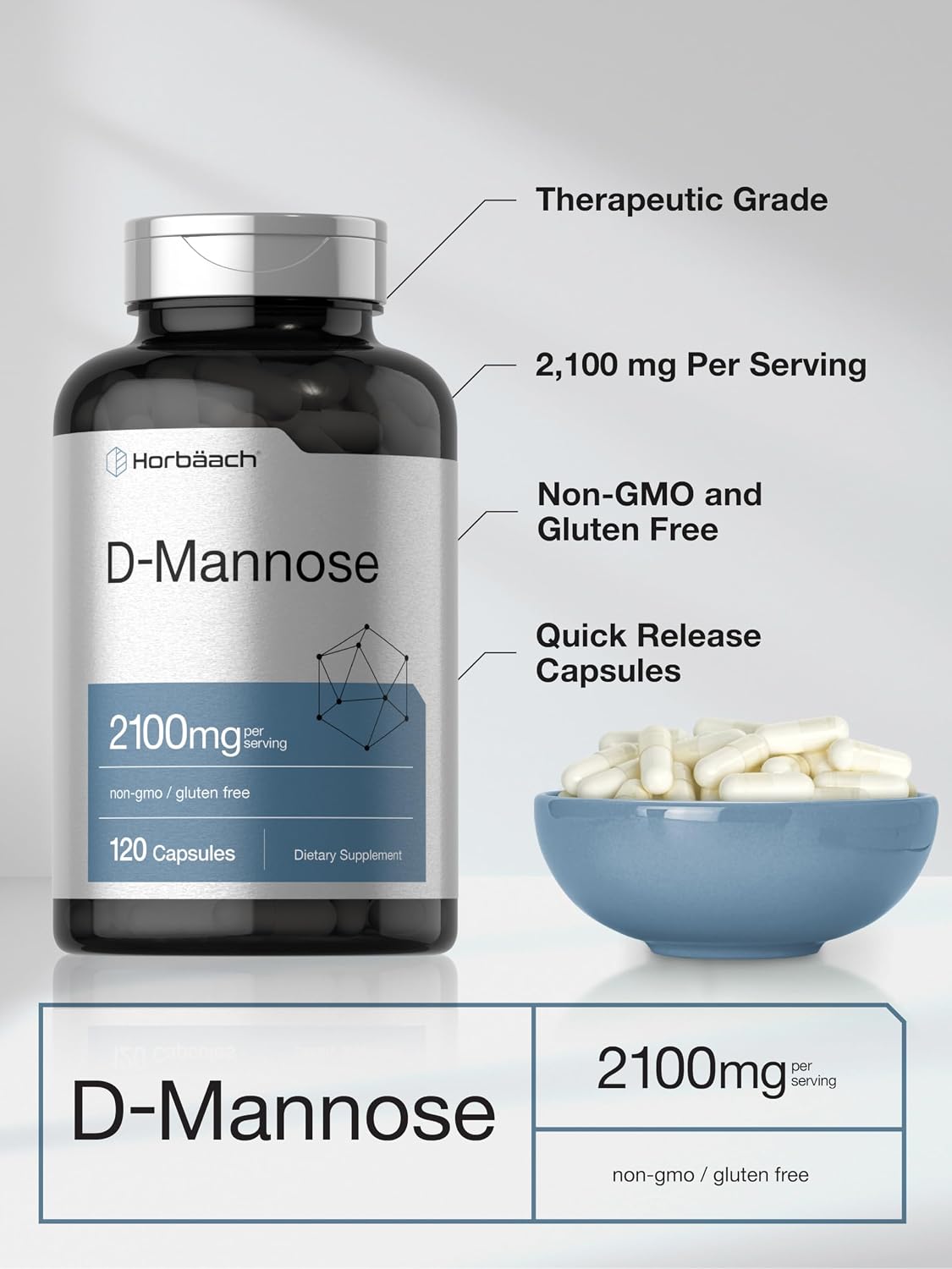 Horbäach D-Mannose Supplement 2100mg | 120 Capsules | Pills For Women and Men | Non-GMO & Gluten Free