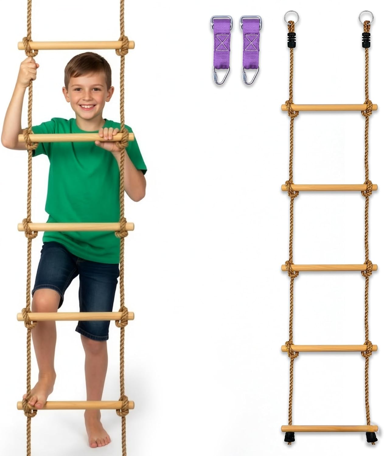 Wooden Rope Ladder for Kids - 6ft Tree Climbing Ladder with Carabiners