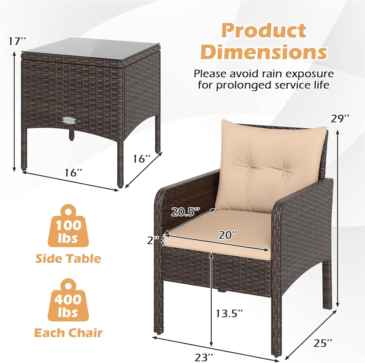 Tangkula 3 Piece Outdoor Patio Furniture Set, Wicker Chairs Set with Glass Top Coffee Table, Thick Cushions