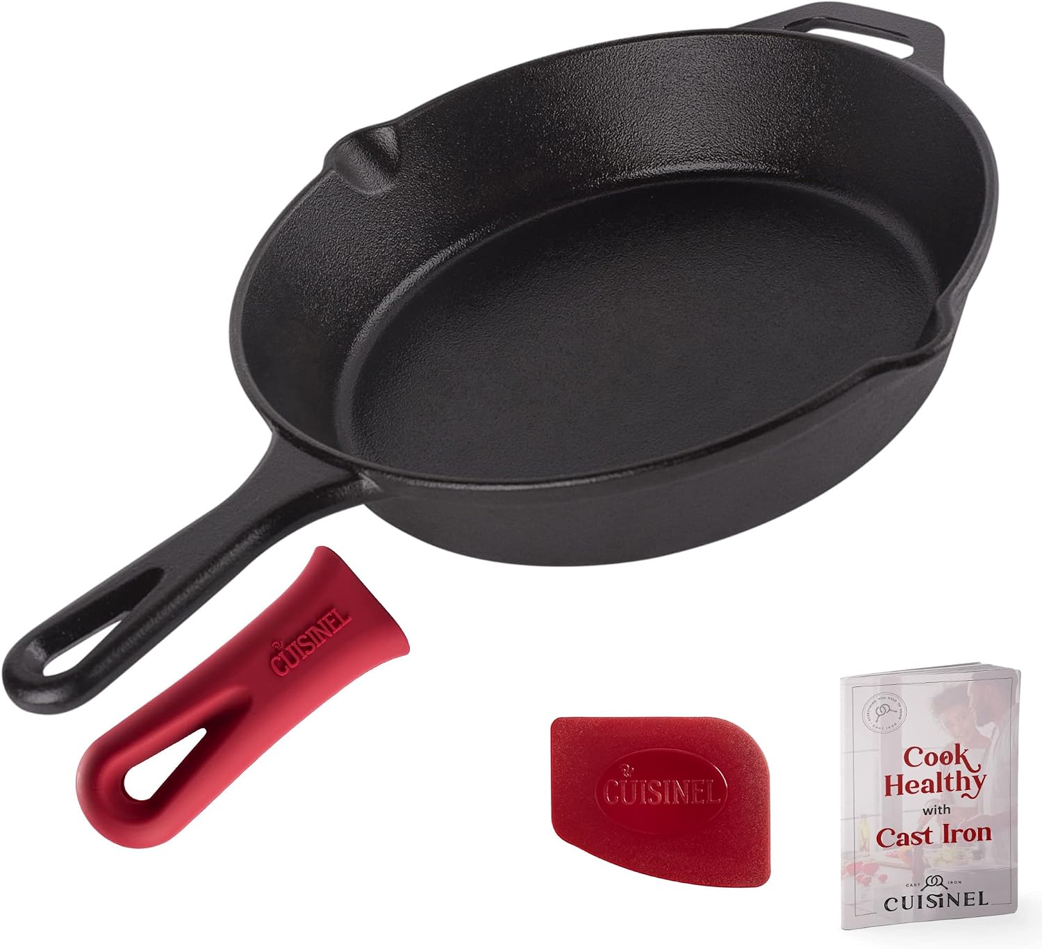 Cast Iron Skillet - 10"-Inch Frying Pan with Pour Spouts + Pan Scraper + Silicone Grip Handle Cover Holder - Pre-Seasoned Oven Cookware - Indoor/Outdoor Use - Stovetop, Induction. PFAS and PFOA-free