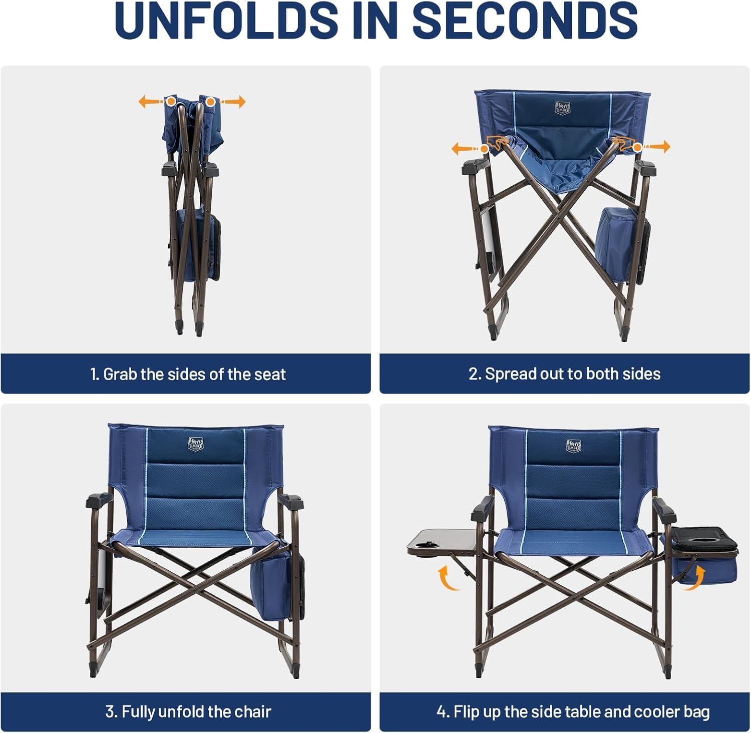 Timber Ridge XXL Oversized Directors Chair 600lbs - Heavy Duty Camping Chair with Cooler Bag & Table, Portable Folding Chair with Wide Seat for Tailgating, Patio, Outdoor - Grey