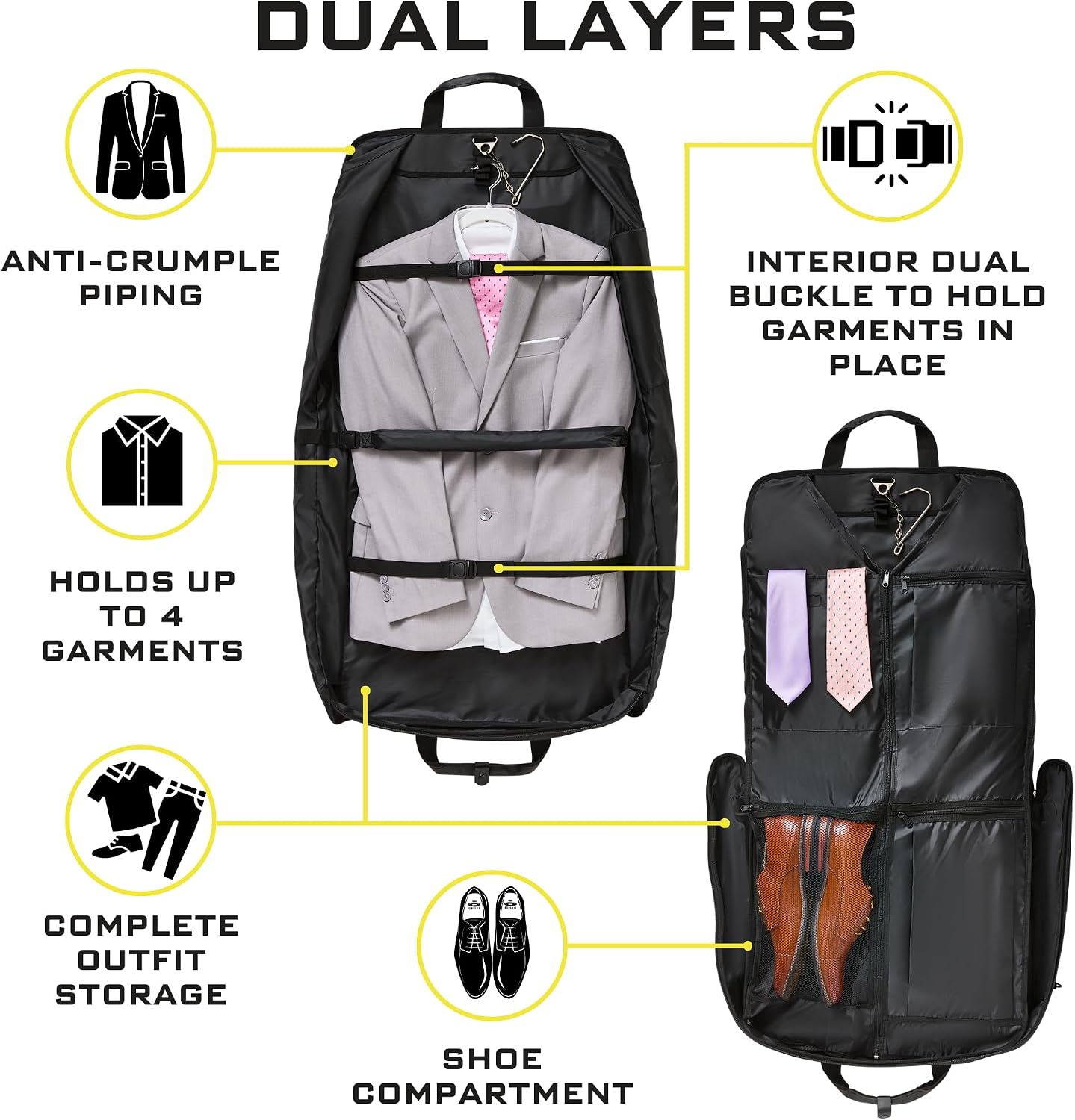Premium Suit Garment Bag Carry On - Hangs 4 Suits - Travel & Business with Shoulder Strap and Laptop Compartment