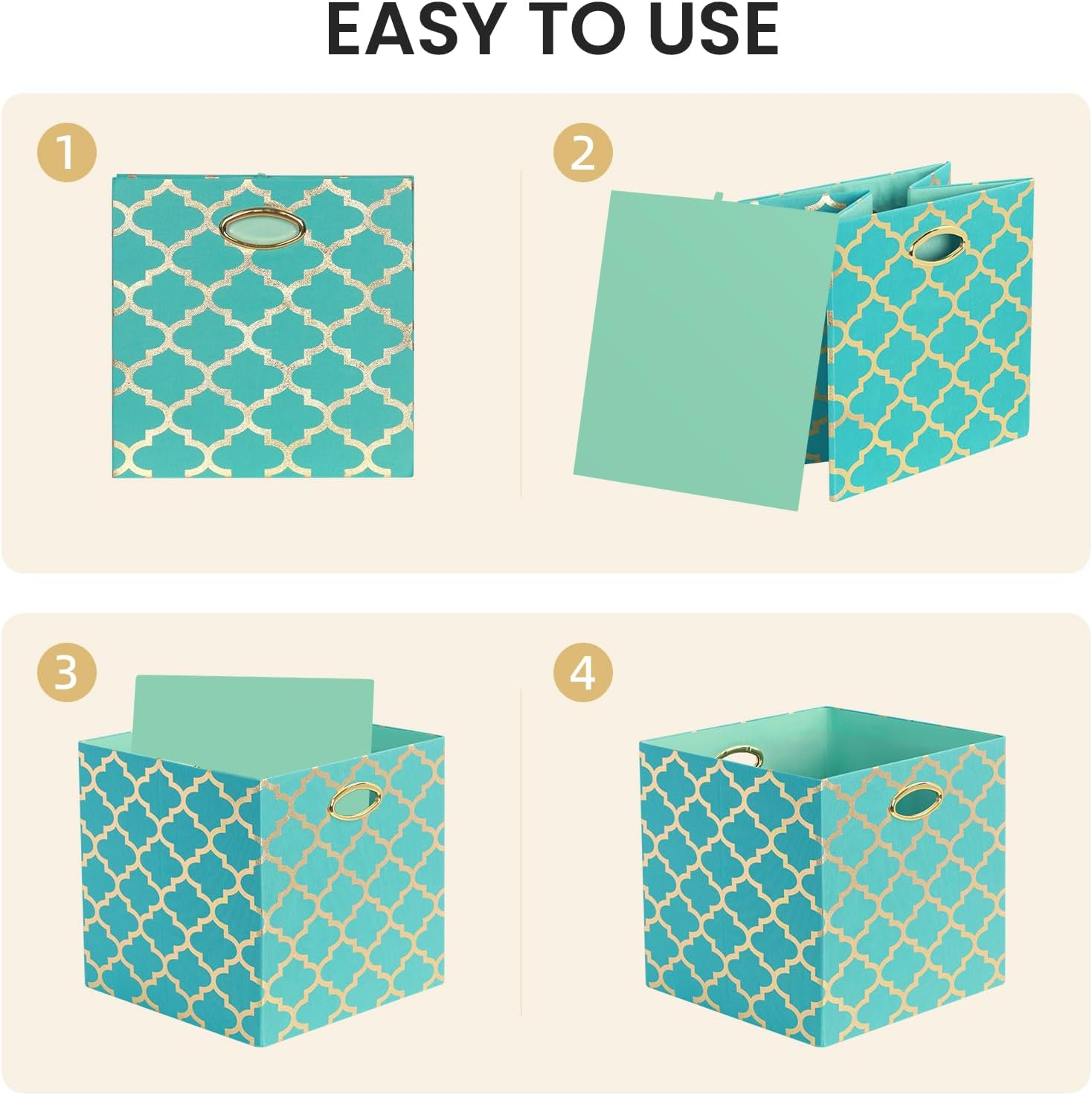 Posprica Storage Bins, Storage Cubes,13×13 Fabric Drawers Organizer Basket Boxes Containers (13×13×13/4pcs, Cream/gold geometry Pattern)