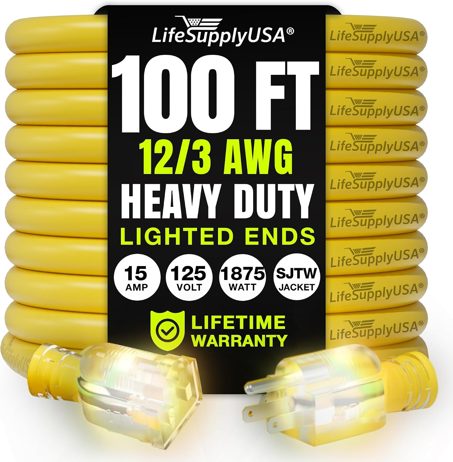 25ft Outdoor/Indoor Extension Cord 12/3 Gauge Extra Heavy Duty 3 Prong SJTW, Waterproof, Flexible Cold-Resistant Long Power Cord,15A 125V 1875W, Yellow by LifeSupplyUSA