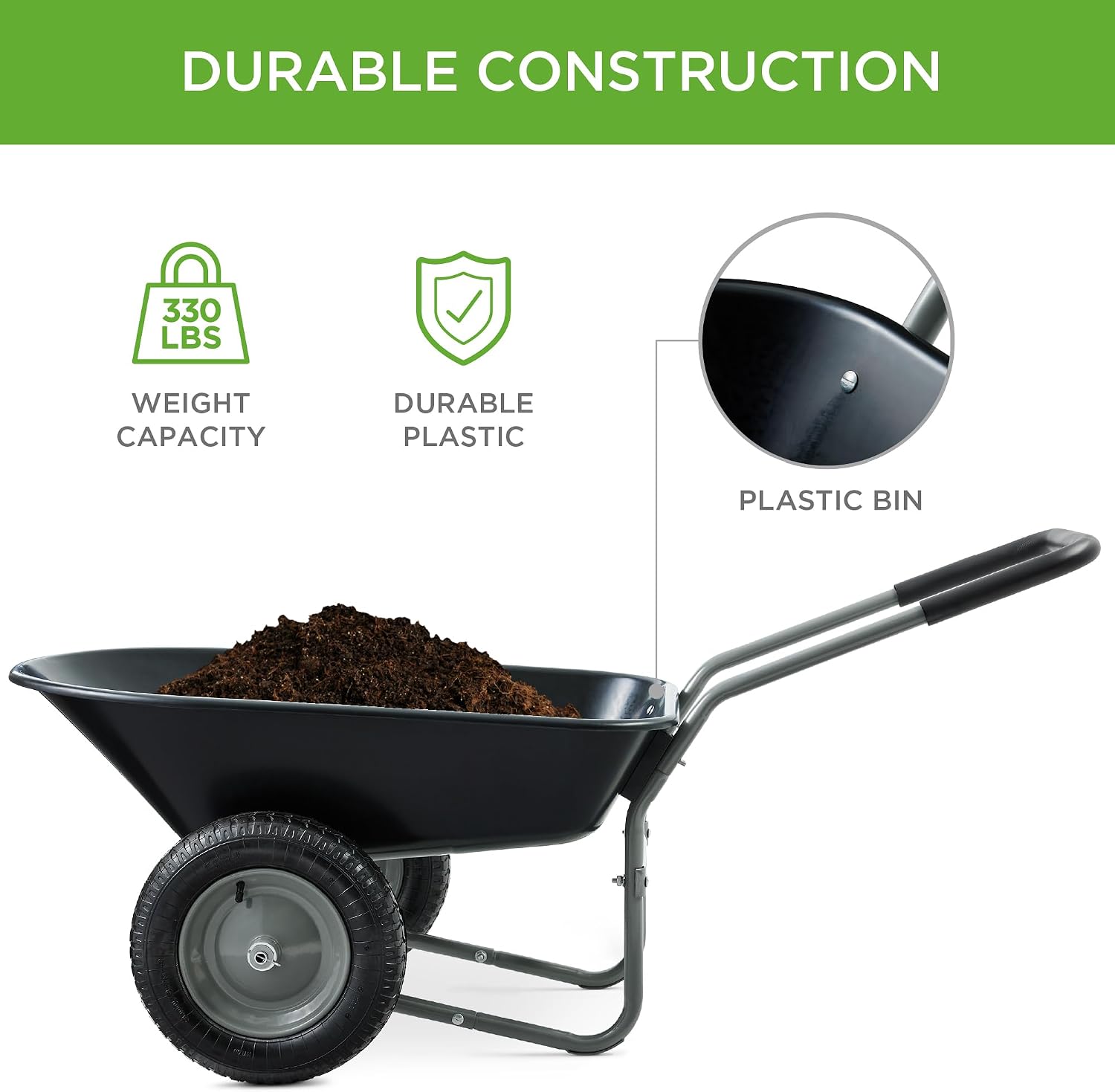 Best Choice Products Dual-Wheel Home Utility Yard Wheelbarrow Garden Cart w/Built-in Stand for Lawn, Gardening, Construction - Green