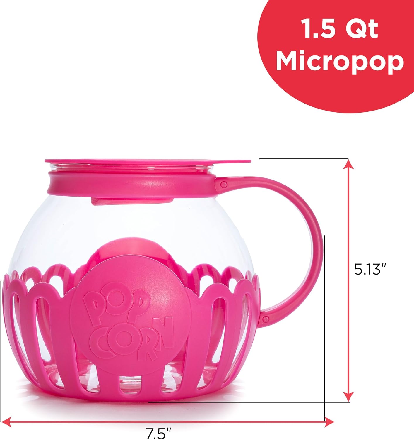 Ecolution Patented Micro-Pop Microwave Popcorn Popper with Temperature Safe Glass, 3-in-1 Lid Measures Kernels and Melts Butter, Made Without BPA, Dishwasher Safe, 3-Quart, Red