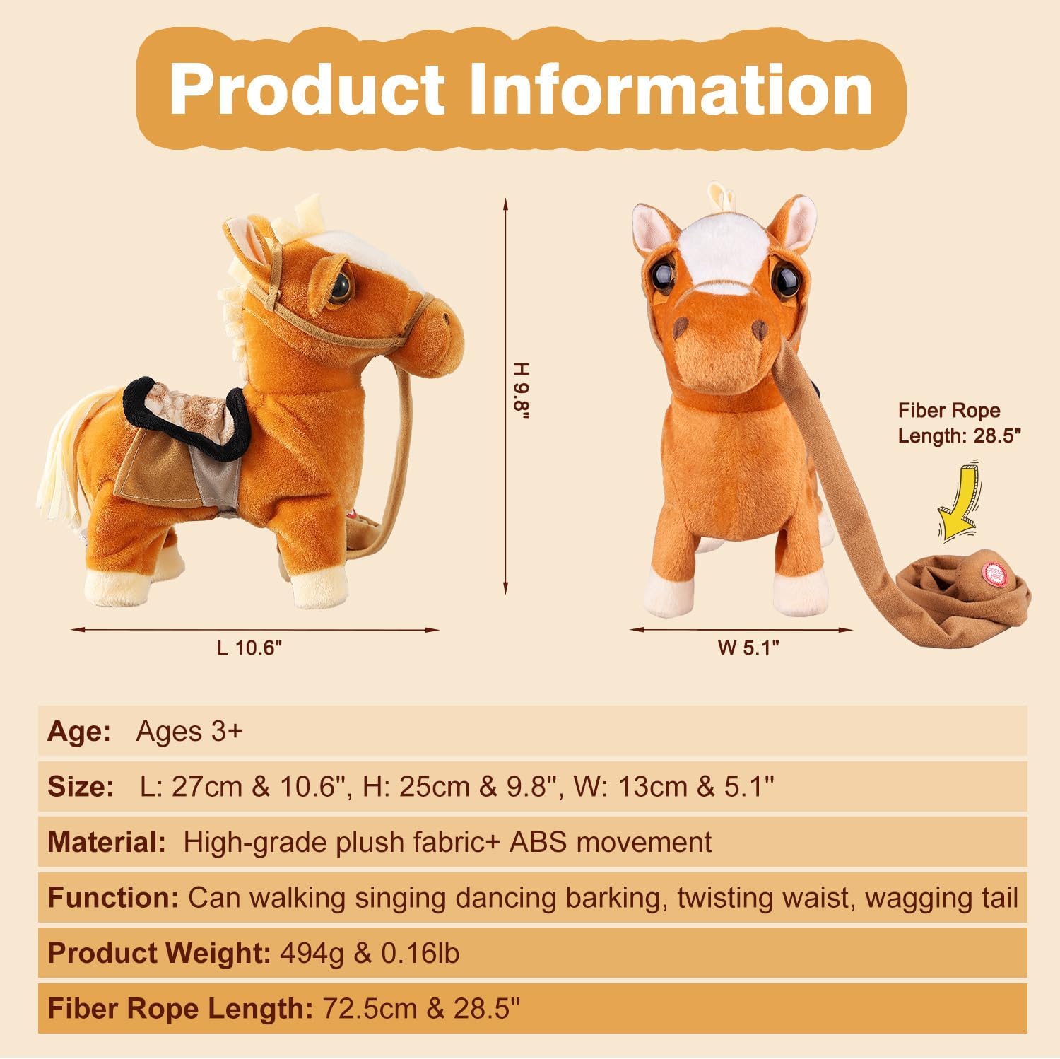 Marsjoy Walking Pony Toy Musical Singing Dancing Plush Interactive Pony Walk Along Horse with Leash Plush Stuffed Animal Shaking Head Buttocks Toy