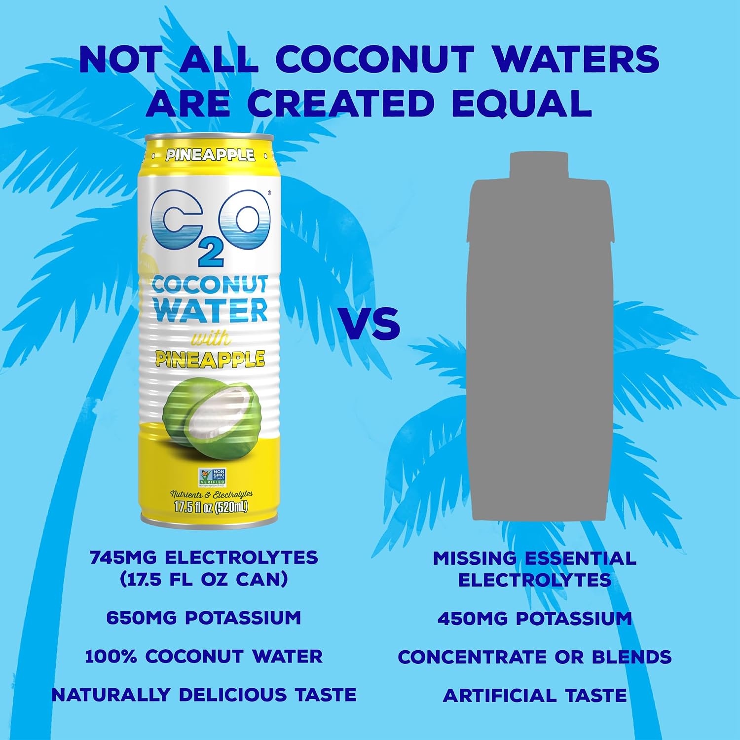 C2O - Coconut Water with Pineapple (12 Pack) - Made with Fresh Coconut Water - Plant Based - Non GMO - Canned Water - Natural Hydration, Essential Electrolytes, & Potassium - 12 Cans, 17.5 FL OZ