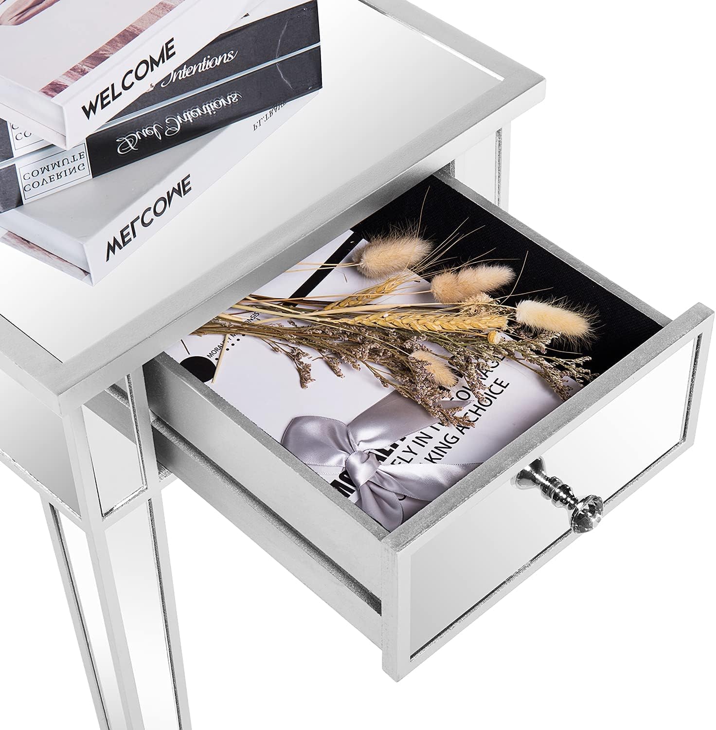 VINGLI Mirrored End Table with Drawer Silver Modern Nightstand/Bedside/Accent Table for Small Space, Living Room, Bedroom, 15.7" L x 15.7" W x 24" H