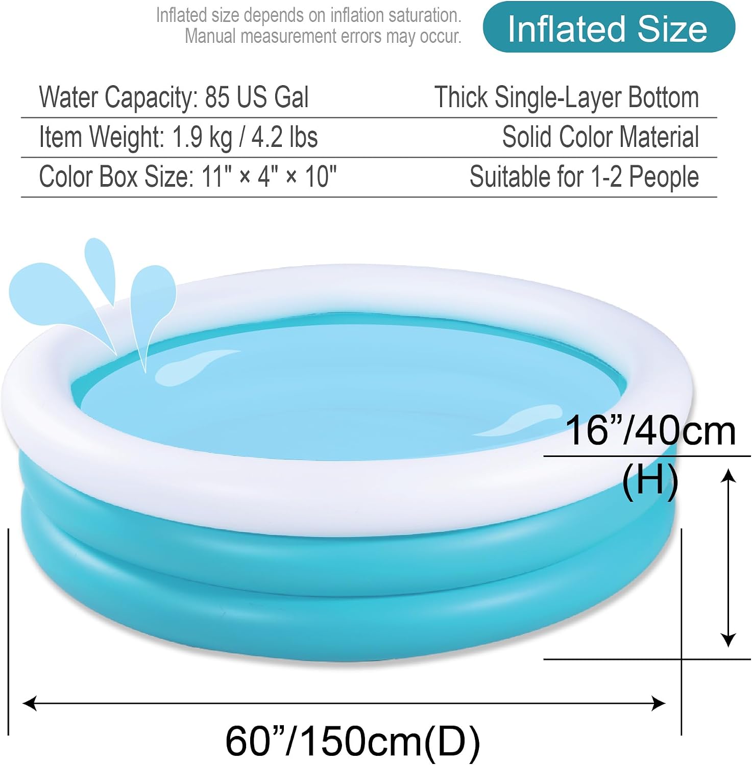 Inflatable Kiddie Pool, 60"x16" Thick Guardrail Swimming Pool for Kids, Blue & White Blow Up Pool for Kids Indoor Party Games