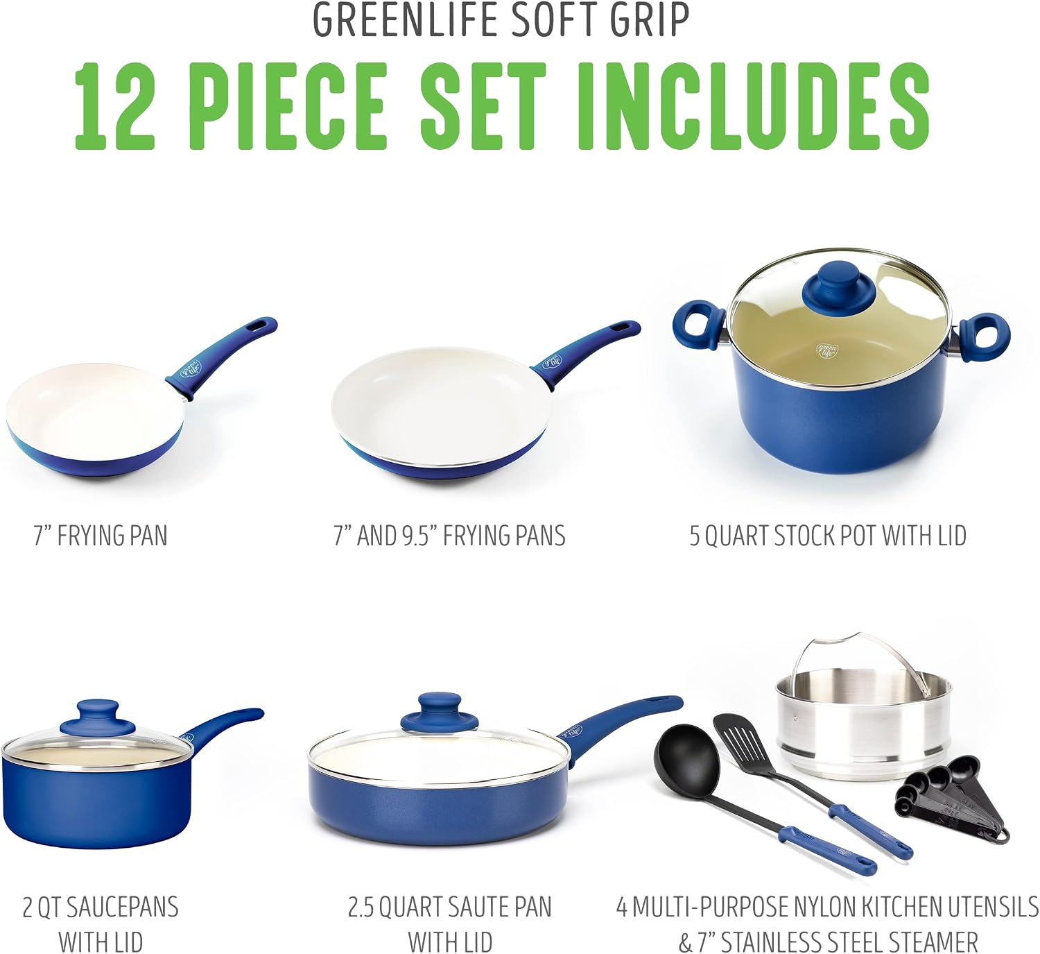 GreenLife Soft Grip Healthy Ceramic Nonstick, 15 Piece Cookware Pots and Pans Set, Induction, PFAS-Free, Dishwasher Safe, Turquoise