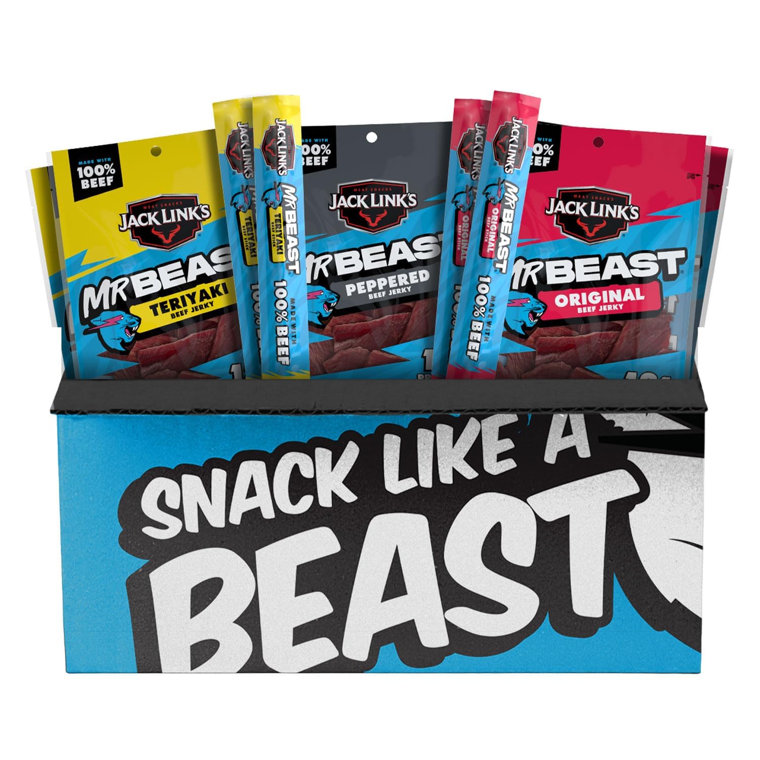 Jack Link's MrBeast Beef Jerky, Peppered Beef Jerky - 10 Count | As Seen on Beast Games, 11g Protein, Made with 100% Real Beef, Pantry-Ready Snacks