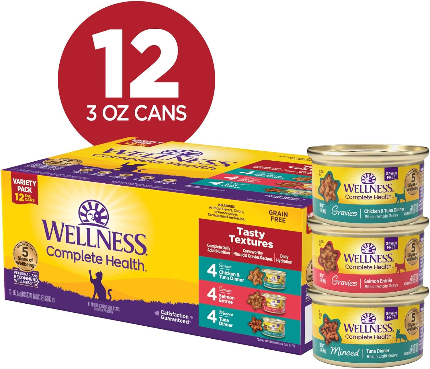 Wellness Complete Health Pate Variety Pack Adult Canned Wet Cat Food, Natural, Protein Rich, Grain Free, Chicken and Turkey Favorites, 3 oz