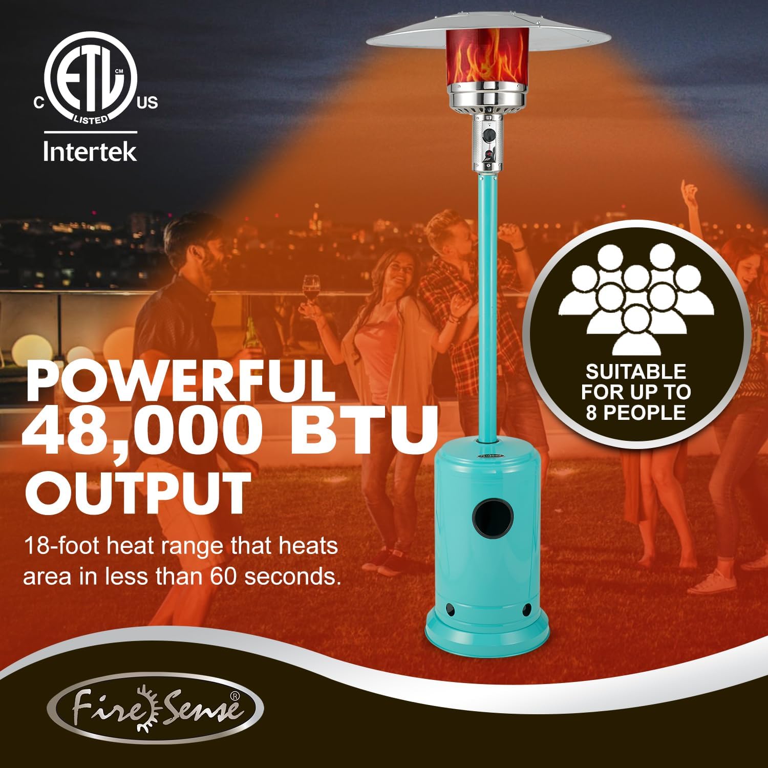 Fire Sense 61130 Patio Heater with Wheels, 48,000 BTU, Aqua Blue | Electronic Ignition System, Portable Outdoor Propane Heater, All Seasons