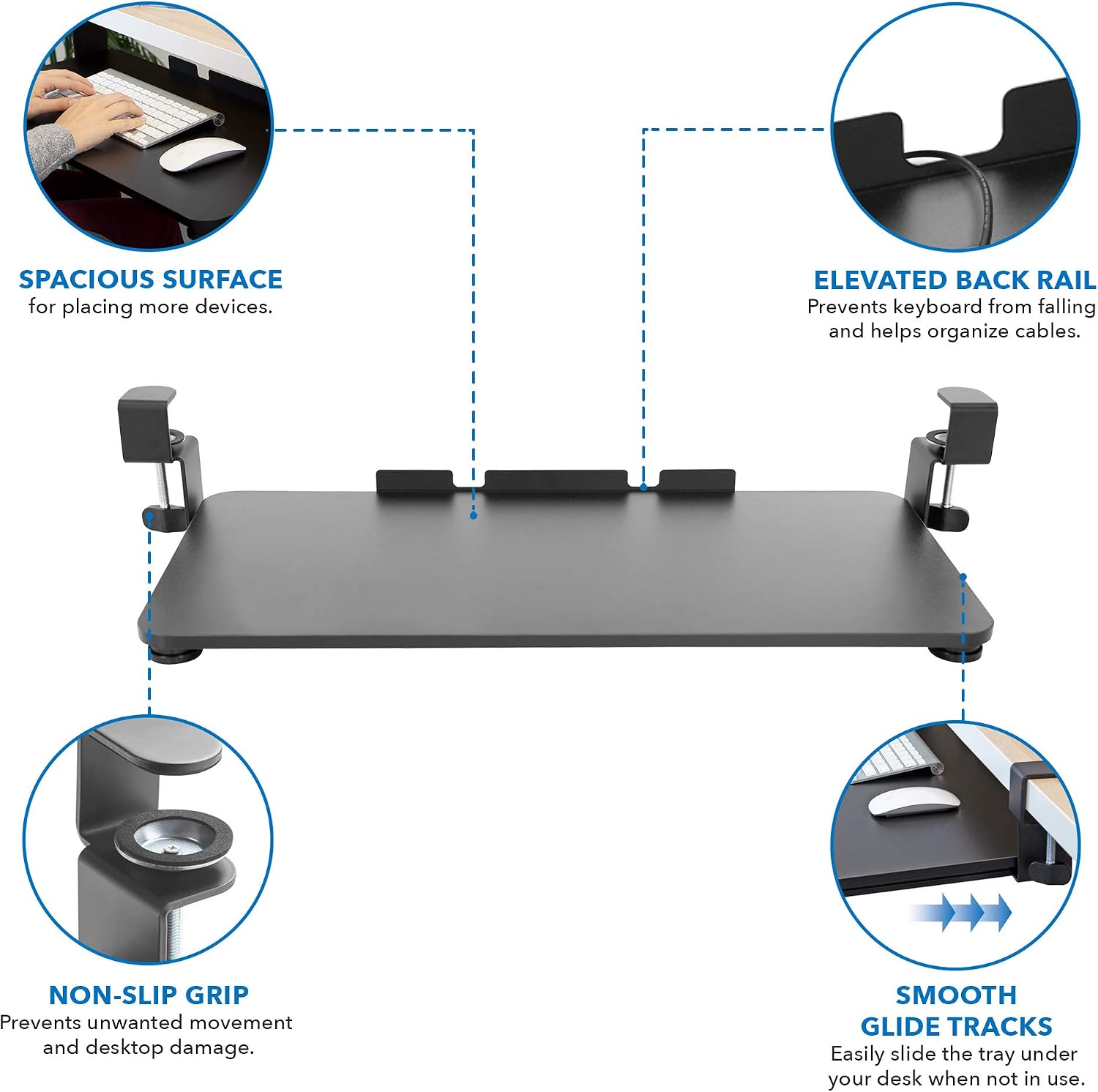 Mount-It! Clamp-On Under Desk Keyboard Tray, No-Drill Slide-Out Keyboard & Mouse Platform, 26.4" W × 11.8" D, Adjustable Ergonomic Keyboard Drawer