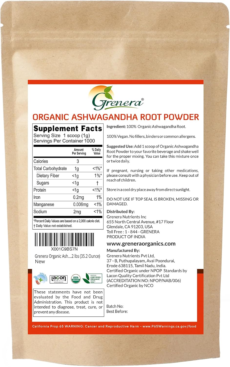 Grenera Organic Ashwagandha Root Powder | 2.2 lbs (1 kg) | USDA Organic, Vegan, Kosher Certified | Non-GMO, Gluten Free | Ashwagandha Powder for Smoothies, Drinks, Recipes | Lab Tested