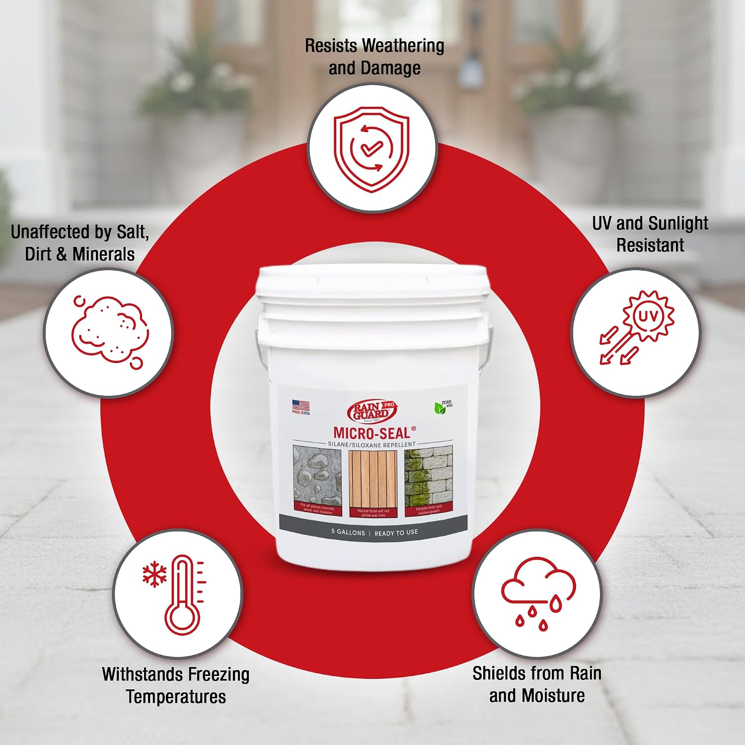 Rainguard Pro Micro-Seal, Wood & Masonry Surface Sealer, 5 Gallons | For Water & Weather Damage, All Porous Surfaces, Silane Siloxane Water Repellent, Clear Natural Finish, Ready To Use