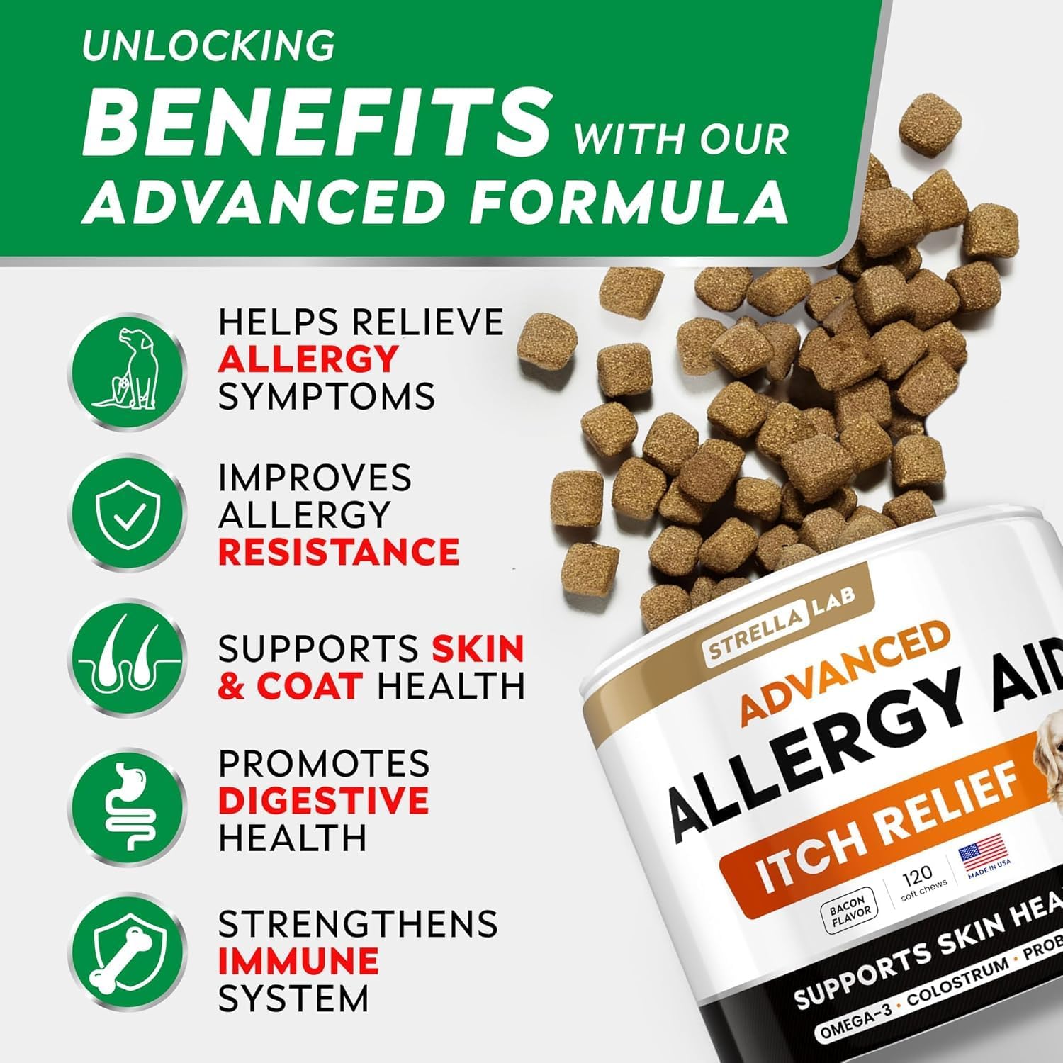 Dog Allergy & Itching Relief - Anti Itch, Skin&Coat Support Chews w/Omega 3