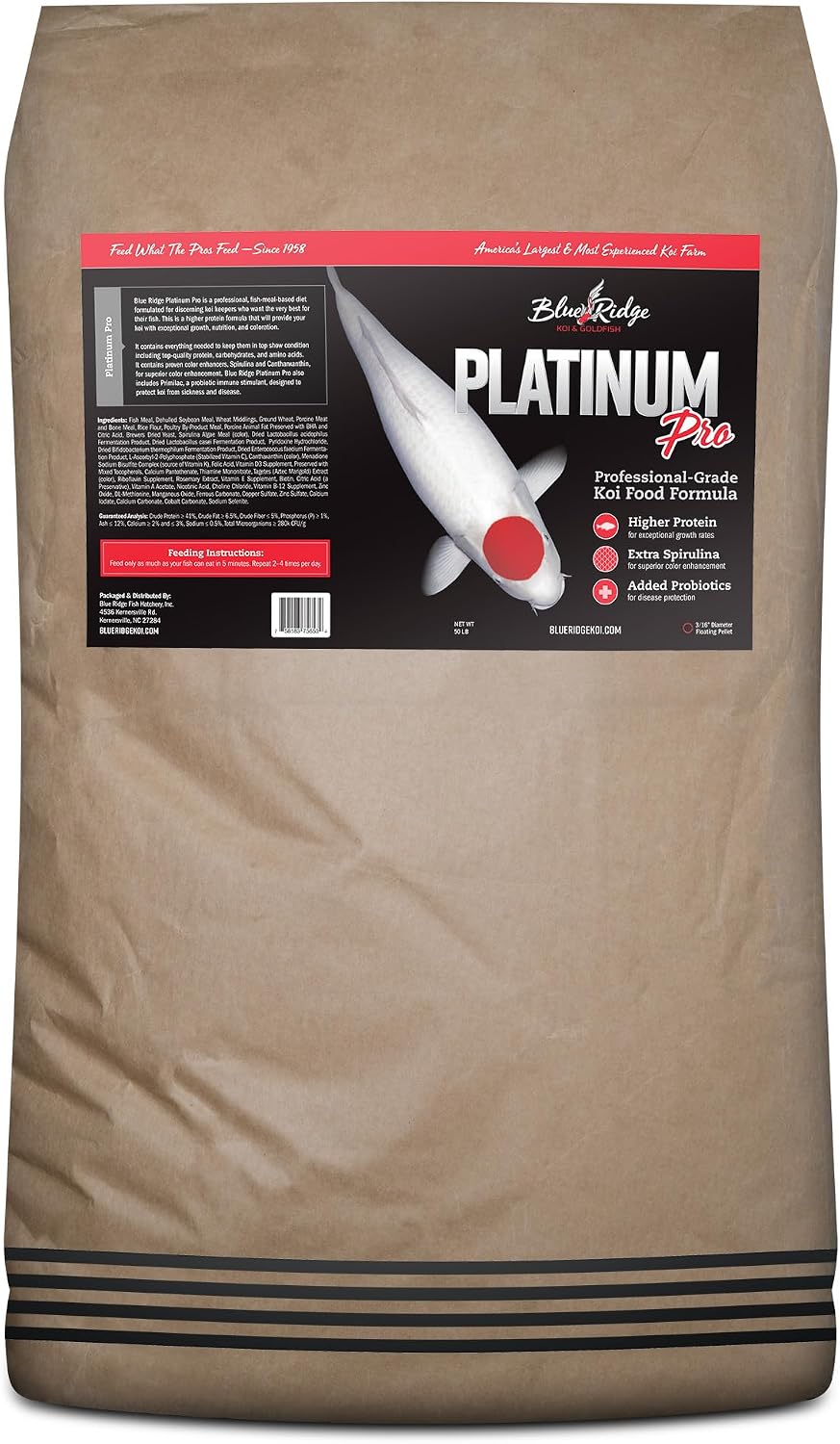 Blue Ridge Koi Platinum Pro 41% Protein Fish Food, 3/16" Pellets, 4.5 lb | Floats, softens fast; Spirulina & Canthaxanthin color support; probiotic-enriched; warm-season formula