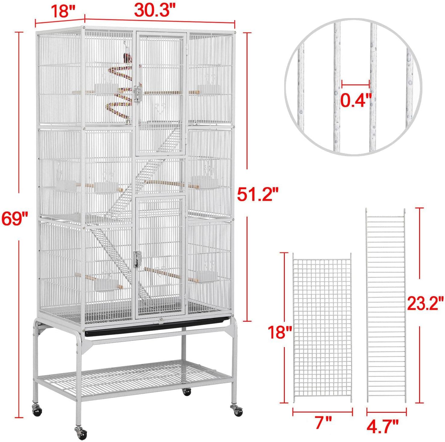 Yaheetech 69" Large Bird Cage for Parakeets, Budgies, 3-Tier Flight Cage | Detachable Rolling Stand, Easy Cleaning Slide-out Tray, Multi-door Access, 0.4'' Bar Spacing, Free Accessories