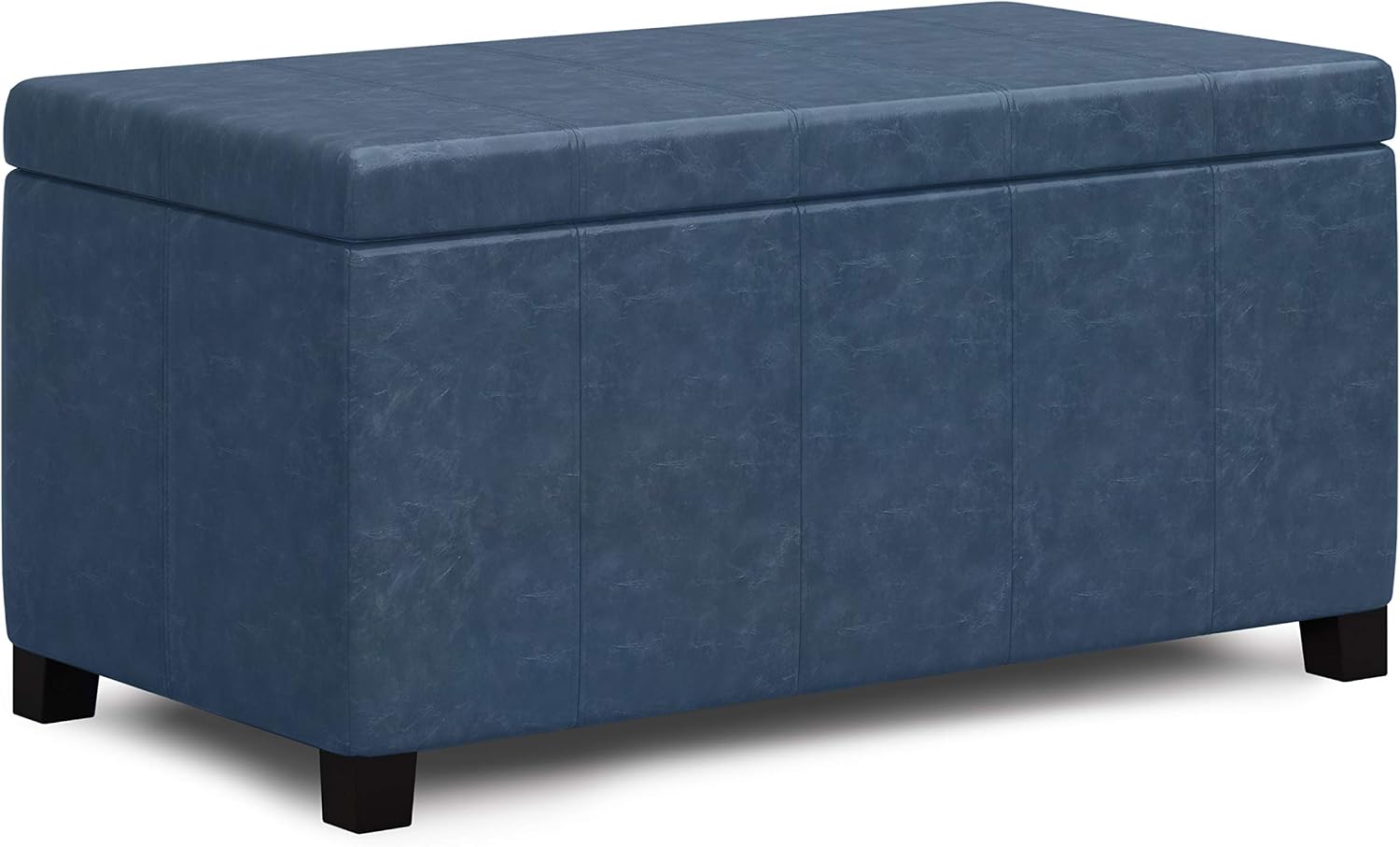 SIMPLIHOME Dover 36" Wide Vegan Leather Storage Ottoman in Midnight Black | Distressed umber brown, contemporary ottoman with lift-top and safety hinges; rectangle storage bench for living room.
