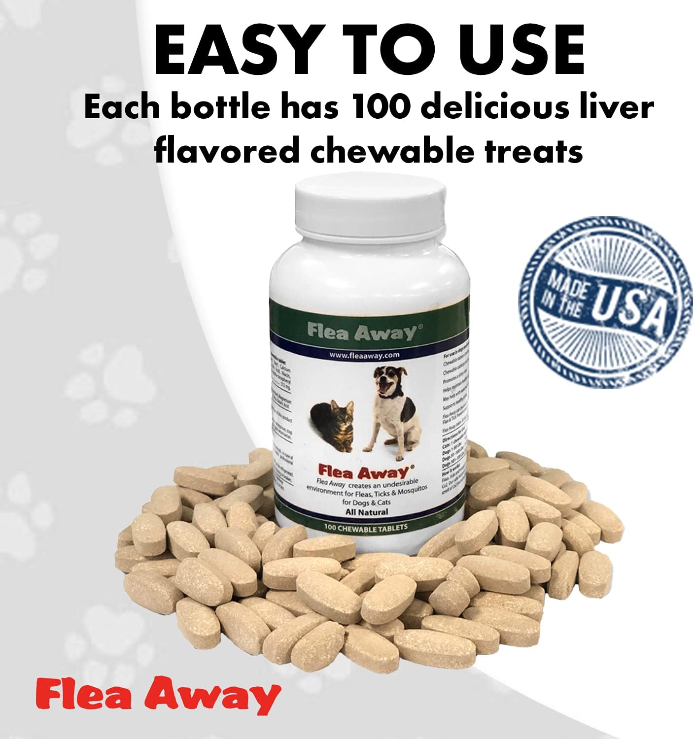 Flea Away All Natural Supplement for Fleas, Ticks, and Mosquitos Prevention for Dogs and Cats, 100 Chewable Treat Tablets, Single