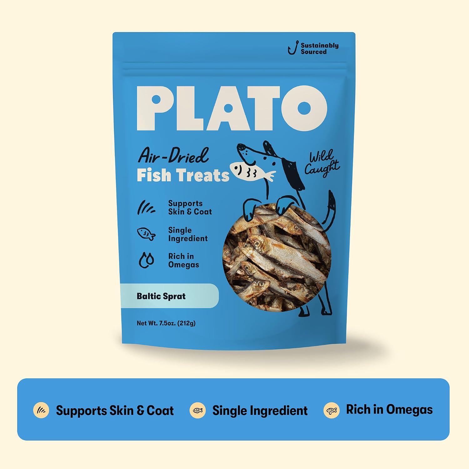 PLATO Single Ingredient Wild-Caught Baltic Sprat Dog Treats, Air-Dried Whole Fish, Omega-Rich Skin & Coat Support, 3 oz