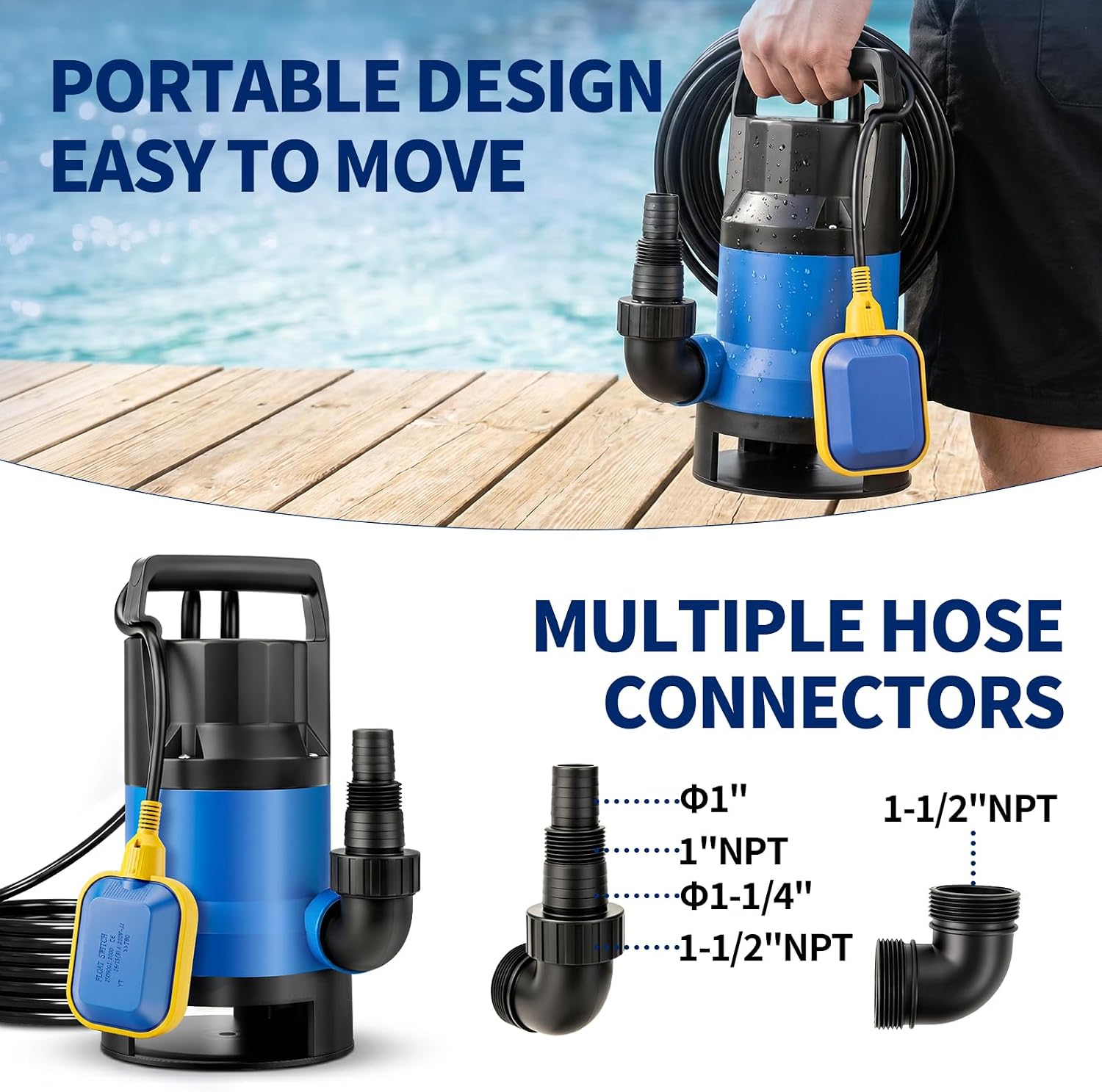 1.1HP Submersible Sump Pump, 4600 GPH Electric Water Pump with Automatic Float Switch, Portable Utility Pump for Pool Draining, Basement