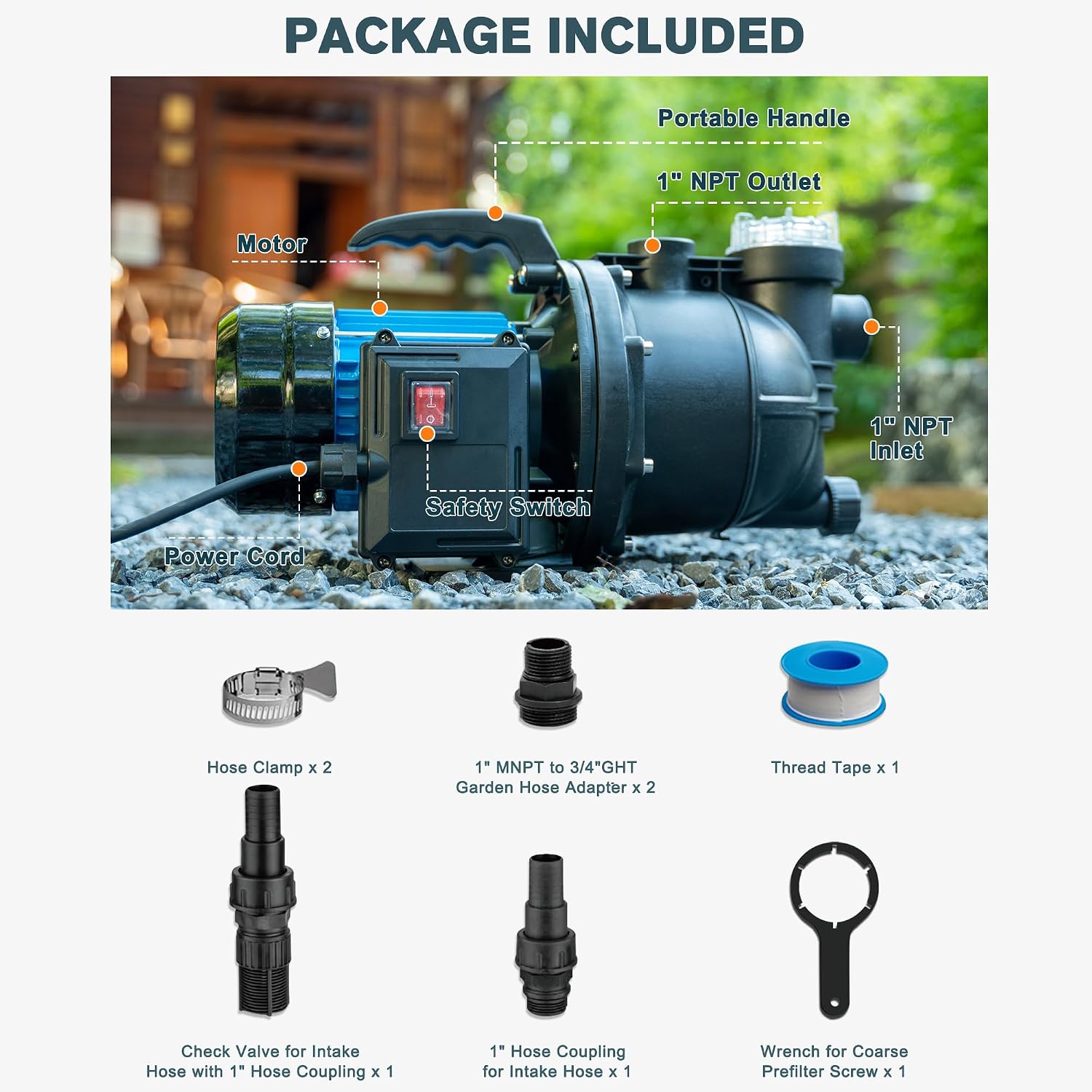 1HP Portable Garden Transfer Pump, 900GPH Electric Sprinkler Booster Pump, Shallow Well Jet Pump for Home Lawn Irrigation and Water Draining