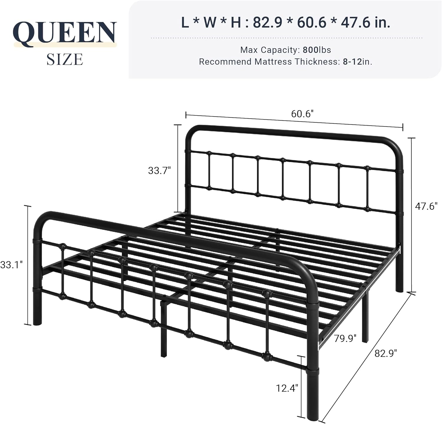 Allewie Queen Metal Bed Frame with Victorian Iron-Art Headboard, Black | Victorian Style Wrought Iron-Art Headboard/Footboard, Easy Assembly