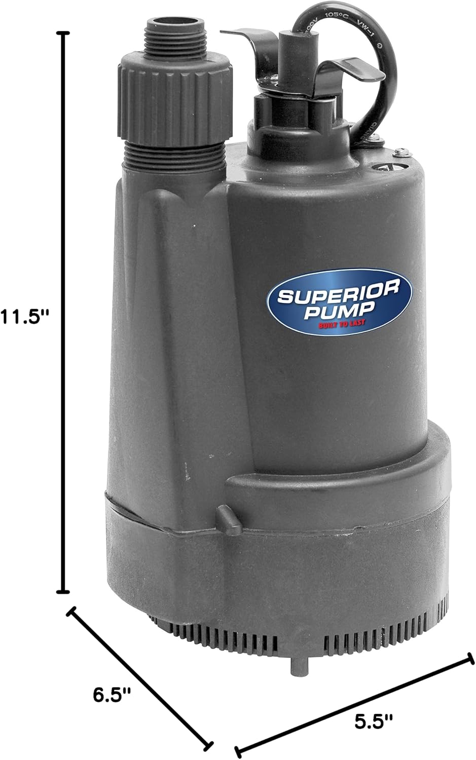 Superior Pump 91570 3300GPH Thermoplastic Submersible Utility Pump with 10-Foot Cord, 1/2 HP