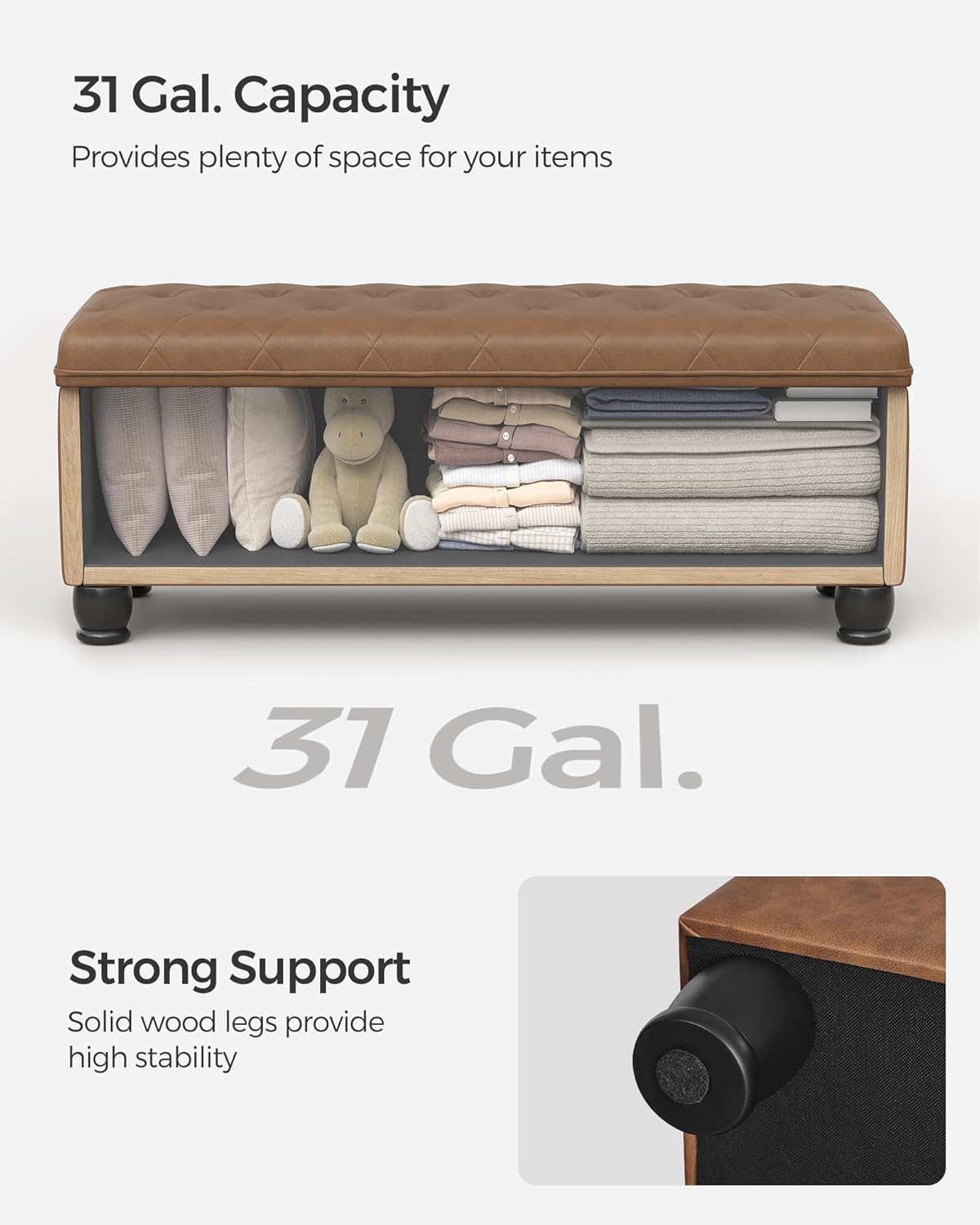 SONGMICS Storage Ottoman, 46.5 Inches Bedroom Bench, Solid Wood Legs
